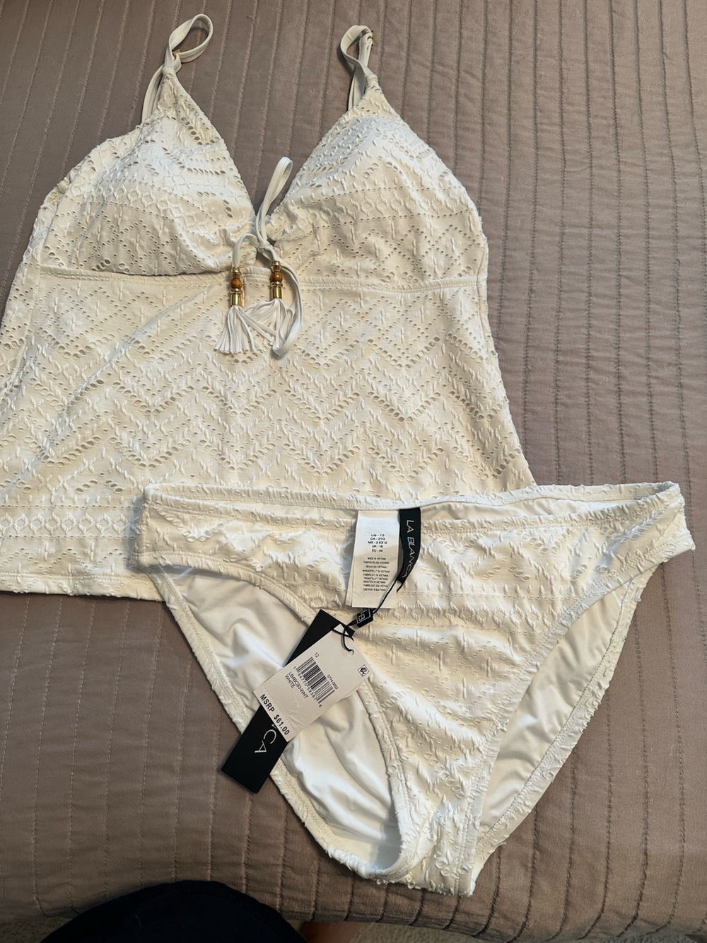 La Blanca Ivory Eyelet Tankini Top with Tassel & Matching Bikini Bottoms - Picture 2 of 5